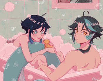 2boys anggeese aqua_eyes aqua_hair bath bathtub black_hair blue_hair closed_mouth commentary genshin_impact gradient_hair highres male_focus merfolk merfolk_out_of_environment mermaid merman monster_boy monster_girl multicolored_hair multiple_boys open_mouth rubber_duck same-sex_bathing shared_bathing smile topless_male untranslatable_commentary venti_(genshin_impact) xiao_(genshin_impact) yaoi yellow_eyes