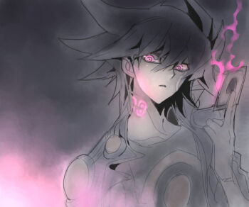 1boy black_gloves black_hair black_shirt blue_coat card coat facial_mark facing_to_the_side fineap fire fudo_yusei gloves glowing grey_background hair_between_eyes holding holding_card looking_to_the_side male_focus neck_tattoo number_88_gimmick_puppet_of_leo open_clothes open_coat partially_colored pink_eyes popped_collar shirt shoulder_pads spiked_hair tattoo upper_body yu-gi-oh! yu-gi-oh!_5d&#039;s