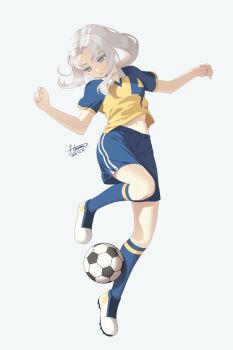 Rule 34 | 1girl, absurdres, akasode matsuri (inazuma eleven), ball, eyelashes, fujimura hinami, grey eyes, highres, inazuma eleven (series), inazuma eleven victory road, navel, pants, raimon, raimon soccer uniform, shirt, short sleeves, shorts, simple background, soccer ball, soccer uniform, socks, solo, sportswear, standing, white hair