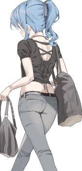 1girl absurdres back bag belt black_belt black_shirt blue_hair choker denim from_behind grey_pants handbag highres hololive hoshimachi_suisei lowleg midriff pants ponytail ribbon_choker scarlet_(wv0102) shirt short_sleeves shoulder_bag simple_background solo virtual_youtuber watch white_background wristwatch