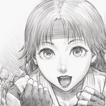 1girl braid braided_ponytail commentary_request crosshatching fingerless_gloves gloves greyscale hatching_(texture) headband highres kuroneco long_hair monochrome open_mouth partial_commentary ryuuko_no_ken signature solo yuri_sakazaki