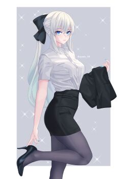 Rule 34 | 1girl, black bow, black skirt, blue eyes, bow, braid, breasts, collared shirt, fate/grand order, fate (series), grey hair, grey pantyhose, hair bow, high heels, highres, kayu manis19, large breasts, long hair, looking at viewer, morgan le fay (fate), office lady, pantyhose, pencil skirt, ponytail, shirt, short sleeves, sidelocks, skirt, solo, thighs, very long hair, white shirt