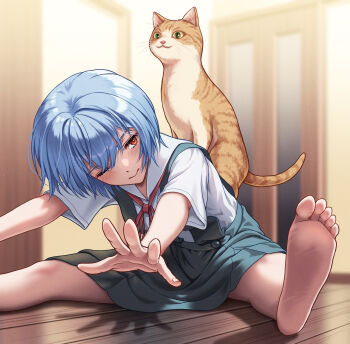 1girl absurdres animal_ear_fluff animal_on_back aqua_skirt ayanami_rei barefoot blue_hair blurry blurry_background blush bow bowtie cat cat_on_person closed_mouth collared_shirt commentary depth_of_field door dress_shirt eyelashes hair_between_eyes highres indoors leaning_forward light_smile neck_ribbon neon_genesis_evangelion on_floor one_eye_closed orange_cat outstretched_legs pleated_skirt reaching reaching_towards_viewer red_bow red_bowtie red_eyes red_ribbon ribbon school_uniform shadow shirt short_hair sitting skirt smile soles solo spread_legs stretching suspender_skirt suspenders toes tokyo-3_middle_school_uniform white_shirt wooden_floor yahha