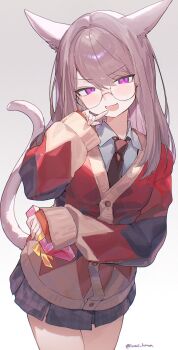 Rule 34 | 1girl, animal ears, argyle cardigan, argyle clothes, blue shirt, brown hair, cardigan, cat ears, cat girl, cat tail, collared shirt, commentary, cowboy shot, final fantasy, final fantasy xiv, funa (sakana), gift, glasses, highres, holding, holding gift, long sleeves, looking at viewer, miqo'te, multicolored cardigan, necktie, open mouth, plaid clothes, plaid skirt, pleated skirt, purple eyes, red cardigan, red necktie, round eyewear, shirt, simple background, skirt, solo, untranslatable commentary, tail, twitter username, warrior of light (ff14)