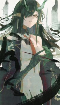 Rule 34 | 1girl, arknights, black hair, dragon girl, dragon horns, dragon tail, dusk (arknights), earrings, eastern dragon tail, green horns, hair over one eye, highres, horns, jewelry, long hair, pointy ears, red eyes, solo, tail, tamago nashi, tassel, tassel earrings