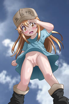 1girl baseball_cap black_boots blue_shirt blush boots bottomless brown_eyes brown_hair cells_at_work chapio clothes_writing cloud collarbone flat_chest from_below hat hataraku_saibou highres long_hair looking_at_viewer looking_down no_panties open_mouth oversized_clothes oversized_shirt platelet_(hataraku_saibou) pussy shirt short_sleeves sky smile standing teeth upskirt white_hat wind wind_lift