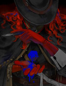 1boy absurdres aleph_(reverse:1999) black_cape black_hat blue_liquid cape covered_face dark_background dice gloves hands_up hat head_down highres holding holding_knife knife long_hair male_focus merlin_(reverse:1999) polyhedral_dice red_gloves red_hair reverse:1999 scalpel solo upper_body yi_ke_mantou