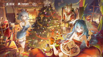 1boy 2girls :| absurdres ahoge antique_phone antlers aqua_dress aqua_eyes aqua_hair aqua_sleeves bare_shoulders bell black_gloves blue_eyes blue_hair blue_hairband blue_horns bow box breasts bucket candle candy candy_cane chair choker christmas christmas_lights christmas_ornaments christmas_stocking christmas_tree closed_mouth collarbone company_name cookie copyright_notice detached_sleeves dress duet_night_abyss fake_antlers fina_(duet_night_abyss) fire fireplace flat_chest food fur_trim gift gift_box gingerbread_house gingerbread_man gloves hair_between_eyes hairband head_wings highres holding holding_cookie holding_food horns indoors jacket long_hair_between_eyes long_sleeves looking_at_viewer medium_breasts multiple_girls neck_bell night official_alternate_costume official_art on_chair phone phoxhunter_(duet_night_abyss) red_bow red_dress red_jacket red_nails red_sleeves reindeer_antlers rhythm_(duet_night_abyss) rotary_phone single_horn sitting smile snowflake_ornament snowman standing star_(symbol) starry_hopes_(duet_night_abyss) strapless strapless_dress stuffed_animal stuffed_toy sweater teddy_bear the_boy_in_the_dream_(duet_night_abyss) thigh_strap watermark white_sweater white_trim white_wings wings