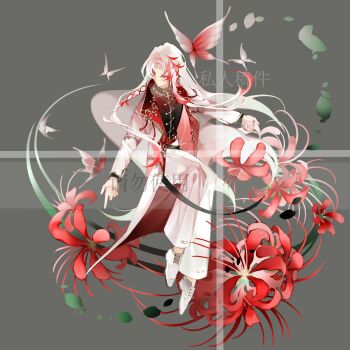 Rule 34 | 1boy, absurdres, alternate costume, black shirt, bug, butterfly, chinese clothes, chinese commentary, closed mouth, coat, commentary request, commission, contrast lapels, curtained hair, dress shoes, expressionless, flower, full body, gold trim, grey background, hair ribbon, highres, insect, lapels, leaf, long hair, looking to the side, male focus, meng po tea (the tale of food), multicolored hair, notched lapels, open clothes, open coat, oxfords, pants, parted bangs, red butterfly, red eyes, red flower, red hair, red ribbon, ribbon, shirt, shoes, simple background, solo, spider lily, streaked hair, tangzhuang, the tale of food, tress ribbon, wangulongdong, white coat, white hair, white pants, white shoes