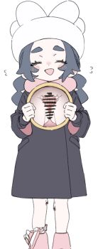 1girl ansha_(pokemon) bar_censor black_coat black_hair blush boots censored closed_eyes coat hat jewelry legs loli meeeeeeco359 nintendo panties panties_around_leg pokemon pokemon_legends:_z-a pussy ring smile solo spread_pussy standing thighs underwear white_background