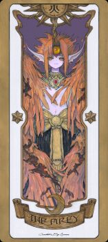 Rule 34 | &amp;ueen, 1boy, absurdres, card, cardcaptor sakura, clow card, colored skin, crescent moon, fiery wings, fire, firey (clow card), highres, looking to the side, male focus, moon, navel, orange eyes, orange hair, orange wings, pointy ears, purple skin, sakura card, star (symbol), sun, usekh collar, wings