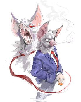 1boy absurdres alternate_form animal_ears bat_boy bat_ears black_pants blue_suit chloraide cigarette closed_mouth commentary cup dispatch english_commentary fangs formal_clothes glowing glowing_eyes highres holding holding_cup male_focus necktie no_pupils open_mouth pants red_eyes red_necktie smoke smoking sonar_(dispatch) suit white_background white_eyes