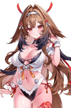 1girl absurdres adapted_costume animal_ears bare_shoulders bikini black_hair blush breasts breasts_apart brown_hair closed_mouth collarbone commentary_request criss-cross_strings droopy_ears duchi0356 gluteal_fold gradient_hair groin hair_intakes hair_ornament hand_in_own_hair hand_up headband highres large_breasts leg_tattoo long_hair looking_at_viewer multicolored_bikini multicolored_hair navel orange_eyes sidelocks simple_background smile solo swimsuit tassel tattoo thigh_gap thighs two-tone_bikini very_long_hair white_background white_bikini wrist_cuffs ye_shunguang zenless_zone_zero