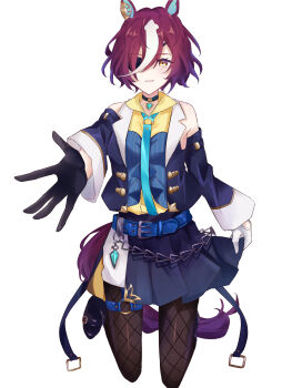 1girl absurdres animal_ear_fluff animal_ears asymmetrical_gloves black_choker black_gloves black_pantyhose choker closed_mouth commentary_request detached_sleeves ear_ornament eyepatch fishnet_pantyhose fishnets gloves hair_between_eyes highres horse_ears horse_girl mismatched_gloves multicolored_hair pantyhose pitsugi reaching reaching_towards_viewer shirt short_hair smile solo streaked_hair subaratowa tanino_gimlet_(embodiment_of_keravnos)_(umamusume) tanino_gimlet_(umamusume) umamusume white_background white_gloves white_hair yellow_shirt