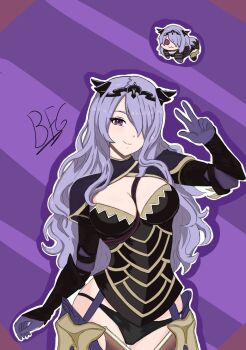 1girl armor between_breasts black_armor black_panties black_tiara breasts camilla_(fire_emblem) capelet chibi chibi_inset cleavage commentary english_commentary fake_horns fire_emblem fire_emblem_fates gloves hair_over_one_eye hand_up highres horned_headwear horns juan1423751juan large_breasts long_hair nintendo outline panties purple_background purple_eyes purple_gloves purple_hair strap_between_breasts tiara underwear vambraces w wavy_hair white_outline wide_hips