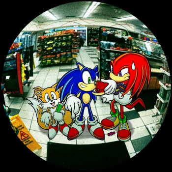 Rule 34 | 3boys, absurdres, blue eyes, blue fur, candy, convenience store, fisheye, food, green eyes, highres, holding, holding food, knuckles the echidna, kolsanart, multiple boys, perspective, photo background, pringles can, purple eyes, red fur, selfie, shop, sonic (series), sonic adventure, sonic the hedgehog, sweatdrop, tails (sonic), taking picture, yellow fur