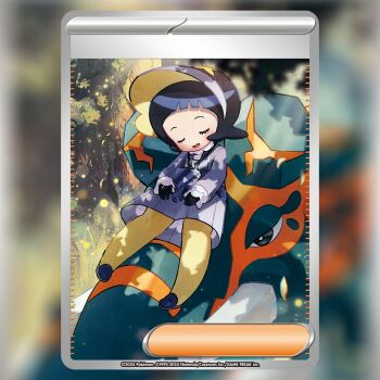 1girl black_gloves black_hair blush blush_stickers bonnet card_(medium) closed_eyes commentary company_name copperajah copyright_name copyright_notice dress english_commentary eyelashes gen_8_pokemon gloves grey_dress jewelry key key_necklace long_sleeves murayama_ryota necklace nintendo official_art open_mouth pokemon pokemon_(creature) pokemon_card pokemon_sv pokemon_tcg poppy_(pokemon) short_hair sleeping textless_version third-party_source trading_card