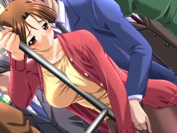 Rule 34 | 1boy, 1girl, 2000s (style), between breasts, blue suit, blush, braid, braided bun, breasts, brown eyes, brown hair, brown skirt, cardigan, chikan, collarbone, collared shirt, cowboy shot, crowded, curtained hair, dutch angle, fingering, fingering through clothes, formal clothes, game cg, grey necktie, hair bun, hand up, holding, holding pole, huge breasts, large variant set, long sleeves, looking back, m&amp;m (mickey and mackey), molestation, mori misato (saishuu chikan densha), necktie, open cardigan, open clothes, pink cardigan, pole, public indecency, raised inner eyebrows, saishuu chikan densha, saishuu chikan densha (series), shirt, skirt, standing, suit, sweat, third-party source, through clothes, train interior, variant set, very low bun, white shirt, yellow shirt