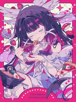 Rule 34 | 1girl, arm ribbon, bare shoulders, black hair, border, character name, chopsticks, closed eyes, columbina (genshin impact), dress, dumpling, eye mask, feathered wings, food, genshin impact, hair ornament, hair ribbon, highres, holding, holding chopsticks, macaron, mask, multicolored hair, noodles, pink hair, pizza, ramen, ribbon, see-through clothes, see-through mask, sparkle, sushi, wing hair ornament, wings, yumenouchi chiharu