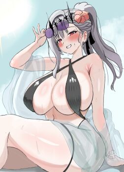 1girl alternate_costume alternate_hairstyle artceister black_slingshot_swimsuit blush breasts criss-cross_halter curvy eyewear_on_head goddess_of_victory:_nikke grin halterneck high_ponytail highres huge_breasts long_hair modernia_(nikke) ponytail purple-tinted_eyewear sitting slingshot_swimsuit smile solo sunglasses swimsuit thick_thighs thighs tinted_eyewear