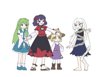 4girls animal_print ay606078 barefoot black_dress blonde_hair blue_dress blue_eyes blue_skirt boots breasts brown_boots brown_hat closed_mouth commentary_request detached_sleeves dress frog_hair_ornament frog_print full_body green_hair grey_hair hair_between_eyes hair_ornament hair_tubes hat height_difference highres kochiya_sanae leaf_hair_ornament long_hair long_hair_between_eyes medium_breasts mirror moriya_suwako multiple_girls open_mouth outstretched_arms own_hands_together purple_hair purple_skirt purple_vest red_eyes red_shirt ribbon_around_body sandals shirt simple_background single_hair_tube skirt skirt_set sleeveless sleeveless_dress smile snake snake_hair_ornament snake_wrapped_around_body spread_arms toes touhou turtleneck turtleneck_dress vest white_background wide_sleeves yasaka_kanako yuiman_asama