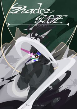 Rule 34 | 1boy, absurdres, black gloves, black hair, black robe, black tunic, censored, censored identity, commentary, copyright name, cowboy shot, english commentary, faceless, facing viewer, gloves, high ponytail, highres, holding, holding mask, horns, long hair, male focus, mask, mountainous horizon, ponytail, robe, shadow slave, shoulder pads, solo, sunny (shadow slave), swift6000, tunic, wind, wind lift