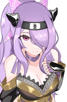 1girl bare_shoulders breasts camilla_(fire_emblem) camilla_(ninja)_(fire_emblem) cleavage fire_emblem fire_emblem_fates fire_emblem_heroes hachimaki hair_over_one_eye headband large_breasts looking_at_viewer ninja nintendo official_alternate_costume ondur one_eye_covered ponytail purple_eyes purple_hair simple_background solo tiara