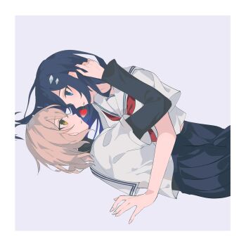 Rule 34 | 2girls, absurdres, ampheta, black skirt, blue eyes, blue hair, brown hair, commentary request, eye contact, food, fruit, hand in another's hair, highres, layered sleeves, long hair, long sleeves, looking at another, medium hair, mouth hold, multiple girls, necktie, oumi shiori, pleated skirt, purple background, red necktie, school uniform, serafuku, shirt, short over long sleeves, short sleeves, simple background, skirt, strawberry, undershirt, watashi wo tabetai hitodenashi, white shirt, yaotose hinako, yellow eyes, yuri