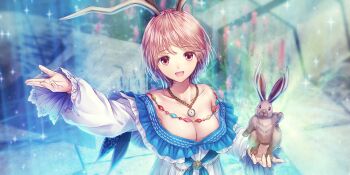 1girl analog_clock antlers arm_up bare_shoulders blue_reflection_(series) blue_reflection_sun blurry blurry_background breasts chain cleavage clock clock_necklace collarbone creature creature_on_hand dress flower flower_request frilled_dress frills game_cg gold_chain highres holding holding_creature horns jackalope jackalope_girl kishida_mel large_breasts long_sleeves looking_at_viewer low_neckline non-web_source off-shoulder_dress off_shoulder official_art open_mouth outstretched_arm outstretched_hand pink_eyes pink_flower pink_hair short_hair smile solo sparkle takaoka_yukiko upper_body white_dress