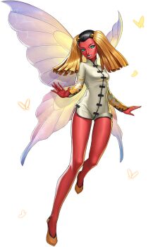 1girl artist_request black_hair bug butterfly butterfly_wings china_dress chinese_clothes colored_skin demon_(megami_tensei) dress green_eyes hair_ornament highres hua_po_(megami_tensei) insect insect_wings official_art orange_shoes persona persona_5 persona_5:_the_phantom_x red_skin shin_megami_tensei shoes solo third-party_source transparent_background twintails wings