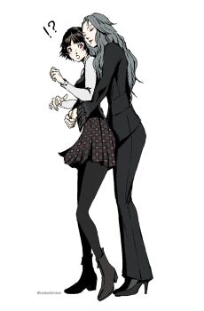 2girls black_boots black_shoes boots brown_hair closed_eyes eyeshadow grey_hair high_heels highres hug hug_from_behind long_hair makeup multiple_girls niijima_makoto niijima_sae persona persona_5 plaid_clothes plaid_skirt purple_eyeshadow raibellchiori red_eyes school_uniform shoes short_hair shuujin_academy_school_uniform siblings sisters skirt surprised