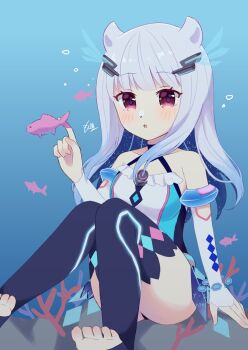 1girl :o air_bubble argyle_clothes argyle_thighhighs blue_background blue_hair blue_one-piece_swimsuit blue_thighhighs blush bridal_gauntlets bubble casual_one-piece_swimsuit colored_inner_hair coral_reef dot_nose eternal_sakura eternal_sakura_(swimsuit_ver.) fish frilled_swimsuit frills gradient_hair hair_horns highres ichigo_no_yatsuhashi knees_up laurels long_hair looking_at_viewer magia_record:_mahou_shoujo_madoka_magica_gaiden mahou_shoujo_madoka_magica multicolored_hair multicolored_swimsuit neon_trim one-piece_swimsuit parted_lips pink_eyes power_symbol showgirl_skirt sidelocks signature sitting solo stirrup_legwear stirrup_thighhighs swimsuit thighhighs toeless_legwear toes underwater white_hair