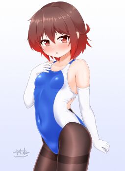 1girl alternate_costume black_pantyhose blue_one-piece_swimsuit blush breasts brown_hair commentary_request competition_swimsuit covered_navel elbow_gloves gloves gradient_hair hair_between_eyes highleg highleg_one-piece_swimsuit highres kantai_collection loli multicolored_hair multicolored_swimsuit mutsuki_(kancolle) nose_blush one-piece_swimsuit pantyhose pantyhose_under_swimsuit red_eyes red_hair short_hair small_breasts solo swimsuit thighband_pantyhose two-tone_swimsuit white_gloves white_one-piece_swimsuit zanne