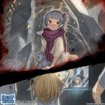 2girls bandaged_arm bandages blonde_hair duel_monster flashback grey_hair highres hospital hucydin long_hair multiple_girls official_style red_eyes scarf sky_striker_ace_-_raye sky_striker_ace_-_roze stuffed_animal stuffed_toy twitter_username yu-gi-oh!