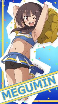 1girl :d armpits arms_behind_head arms_up artist_logo artist_name bambi2000line belly bike_shorts bike_shorts_under_skirt black_shorts blue_background blue_shirt blue_shoes blue_skirt blunt_bangs brown_hair character_name cheerleader crop_top full_body highres jumping kono_subarashii_sekai_ni_shukufuku_wo! logo looking_at_viewer megumin midriff navel one_eye_closed open_mouth outline pom_pom_(cheerleading) red_eyes shirt shoes short_hair_with_long_locks shorts signature skirt sleeveless sleeveless_shirt smile solo white_outline yellow_trim