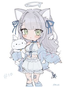 Rule 34 | 1girl, :o, animal collar, animal ears, bandaid, bandaid on leg, bare shoulders, bell, blue hoodie, blush, breasts, cat ears, cat girl, cat tail, chibi, chibi only, collar, commission, dot nose, feet out of frame, green eyes, grey hair, grey tail, hair intakes, hair ribbon, halo, halterneck, highres, himaspl, holding, holding stuffed toy, hood, hood down, hoodie, indie virtual youtuber, long hair, looking at viewer, mascot, maten matyu, melting halo, midriff, muted color, neck bell, open clothes, open hoodie, parted lips, puffy shorts, ribbon, shirt, shorts, signature, simple background, single sleeve past fingers, single sleeve past wrist, skeb commission, sketch, small breasts, solo, stuffed animal, stuffed cat, stuffed toy, tail, tail ornament, tail ribbon, wavy hair, white background, white shirt, white shorts