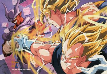 1990s_(style) 3boys absurdres aura blonde_hair blue_tank_top clenched_hand clenched_teeth colored_sclera colored_skin copyright_name crackling_energy crossed_arms cube demon_boy dougi dragon_ball dragonball_z english_text floating_hair gloves green_eyes grin halo highres horns imminent_fight imminent_punch janemba looking_at_another male_focus multiple_boys muscular muscular_male official_art open_mouth orange_dougi pointy_ears poster_(medium) profile red_skin retro_artstyle scan short_hair smile son_goku spiked_hair super_saiyan tank_top teeth third-party_source vegeta white_gloves widow&#039;s_peak yamamuro_tadayoshi yellow_halo yellow_sclera