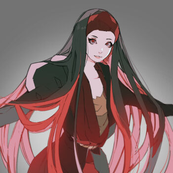 1girl animification arabian_clothes black_hair disneyland dress earrings farja gloves jewelry kyou_o lipstick long_hair long_sleeves looking_at_viewer makeup red_gloves simple_background smile solo upper_body