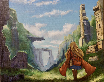 1girl absurdres acrylic_paint_(medium) black_socks blonde_hair blue_skirt blue_sky cloud coat commentary_request dated_commentary day facing_away from_behind full_body highres kneehighs landscape long_hair original outdoors painting_(medium) red_coat ruins scenery skirt sky socks solo standing traditional_media yousonn
