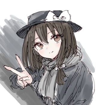 Rule 34 | 1girl, black hat, bow, brown hair, closed mouth, clothing request, grey scarf, hair between eyes, hair bow, hat, hat bow, kashiwada kiiho, long sleeves, looking at viewer, red eyes, scarf, short hair, smile, solo, touhou, usami renko, v, white background, white bow, winter clothes