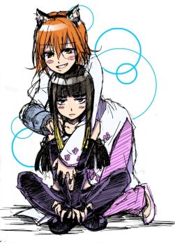 2girls age_difference animal_ear_fluff animal_ear_hairband animal_ears ao_dai bare_shoulders black_boots black_ears black_eyes black_hair black_hairband black_pants blunt_bangs blush blush_stickers boots brown_hair cast cat_ears child closed_mouth commentary_request detached_sleeves dress fake_animal_ears floral_print frown full_body grey_tank_top grin hair_between_eyes hairband hime_cut hug hug_from_behind indian_style inomata_mamoru kneeling kuroyoru_umidori long_hair long_sidelocks long_sleeves medium_hair midriff misaka_worst multicolored_hair multiple_girls navel orange_eyes pants pink_pants shoes sidelocks sitting sleeves_past_wrists smile tank_top toaru_majutsu_no_index toaru_majutsu_no_index:_new_testament two-tone_hair white_background white_dress white_shoes