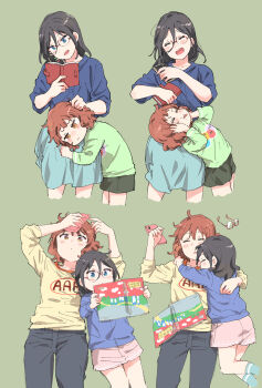 2girls absurdres aged_down amano_shin arms_around_neck black_hair blue_cardigan blue_eyes book brown_hair cardigan cellphone commentary glasses green_background green_shirt hand_on_another&#039;s_head hibike!_euphonium highres holding holding_book lap_pillow laughing lying making_faces multiple_girls multiple_views on_back oumae_kumiko phone picture_book reading shirt simple_background sleeping sleeping_on_person smartphone socks tanaka_asuka time_paradox yellow_shirt
