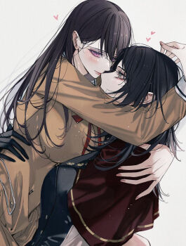 Rule 34 | 2girls, bang dream!, bang dream! it's mygo!!!!!, black gloves, black vest, blackfangs, blue eyes, breasts, brown dress, capelet, chinese commentary, commentary request, dress, gloves, grey hair, heart, highres, hug, large breasts, long sleeves, multiple girls, purple eyes, red capelet, shiina taki, shirt, timoris (bang dream!), vest, yahata umiri, yuri