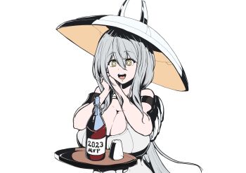 1girl :d absurdres armor asemaikawa bodysuit bottle breasts goddess_of_victory:_nikke grey_hair hat highres huge_breasts japanese_armor jingasa large_hat leotard long_hair open_mouth own_hands_together scarlet_(nikke) shoulder_armor simple_background smile sode solo upper_body white_background white_bodysuit white_leotard yellow_eyes