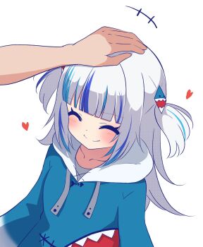 +++ 1girl 1other animal_costume blue_hair blue_hoodie blunt_bangs blush closed_eyes closed_mouth commentary dot_nose drawstring english_commentary gawr_gura gawr_gura_(1st_costume) grey_hair hair_ornament headpat heart highres hololive hololive_english hood hoodie long_sleeves looking_at_viewer multicolored_hair shark_costume shark_hair_ornament shark_print sidelocks simple_background smile solo_focus split_mouth stippling_(texture) streaked_hair takapyon_higashi two_side_up virtual_youtuber white_background white_hood