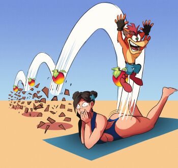 Rule 34 | 1girl, alternate costume, artist request, ass, ass shake, bare shoulders, black eyes, blue one-piece swimsuit, bouncing ass, bracelet, breasts, brown hair, capcom, chun-li, cosplay, crash bandicoot, crash bandicoot (series), crossover, curvy, double bun, earrings, food, fruit, full body, gameplay mechanics, hair bun, highleg, highleg one-piece swimsuit, huge ass, jewelry, jumping, kneeling, lying, medium breasts, motion lines, official alternate costume, on stomach, one-piece swimsuit, open mouth, outstretched arms, peach, pun, street fighter, street fighter 6, sunbathing, surprised, swimsuit, thighhighs, thong one-piece swimsuit, wide hips
