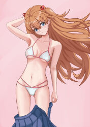 Rule 34 | 1girl, artist request, bare arms, bare legs, bikini, bikini under clothes, blue eyes, breasts, brown hair, clothes lift, curvy, floating hair, hair between eyes, highres, long hair, neon genesis evangelion, pink background, shiny skin, skirt, skirt lift, solo, souryuu asuka langley, split mouth, swimsuit, thong, thong bikini, undressing, white bikini, wide hips
