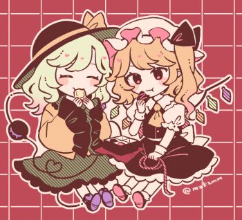 Rule 34 | 2girls, ascot, black boots, black hat, blonde hair, boots, chibi, chibi only, closed eyes, commentary, crystal, crystal wings, eating, eyeball, flandre scarlet, food, frilled skirt, frilled sleeves, frills, green hair, green skirt, hat, hat ribbon, holding, holding food, holding rope, komeiji koishi, mob cap, mozukuzu (manukedori), multicolored wings, multiple girls, one side up, outline, red background, red eyes, ribbon, rope, shirt, shoes, skirt, skirt set, socks, third eye, touhou, twitter username, untranslatable commentary, valentine, white hat, white outline, white socks, wings, yellow ascot, yellow ribbon, yellow shirt