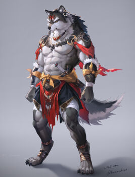1boy abs animal_ears bara bare_pectorals black_fur bracer claws clenched_hands commentary_request dagger dated digitigrade ear_piercing earrings full_body furry furry_male grey_background grey_fur highres jewelry kazashino_miyabi knife large_pectorals looking_at_viewer male_focus muscular muscular_male navel necklace original pectorals pelvic_curtain piercing scar scar_on_face sheath sheathed simple_background solo standing sword tail tooth_necklace topless_male twitter_username vambraces weapon wolf_boy wolf_ears wolf_tail yellow_eyes