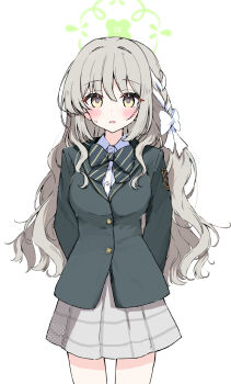 Rule 34 | 1girl, absurdres, arms behind back, black bow, black bowtie, black jacket, blazer, blue archive, blush, bow, bowtie, breasts, collared shirt, commentary request, grey hair, grey skirt, hair bow, halo, highres, jacket, long hair, long sleeves, looking at viewer, miyo (blue archive), parted lips, sateto (user knrf2332), shirt, simple background, skirt, solo, sweat, white background, white bow, white hair, white shirt, yellow eyes